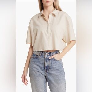 Open Edit Cropped Linen Blend Button-Up Shirt Size S
